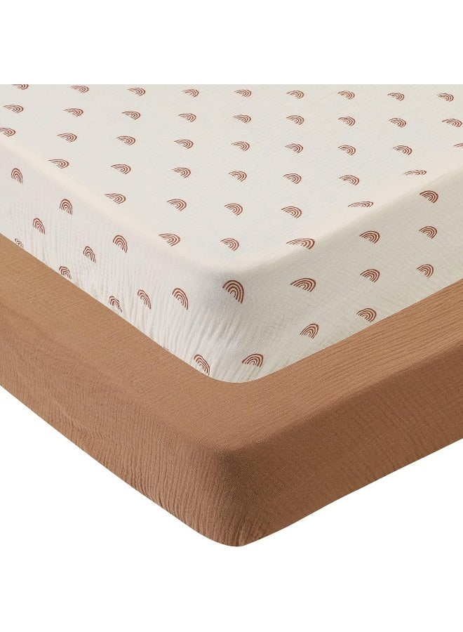 Onacosht Muslin Crib Sheets Soft Breathable 100% Cotton Toddler Bed Fitted Sheets Standard 28" x 52" Baby Crib Mattress Cover 2 Pack for Boy and Girl, Natural and Rainbow - Image 1